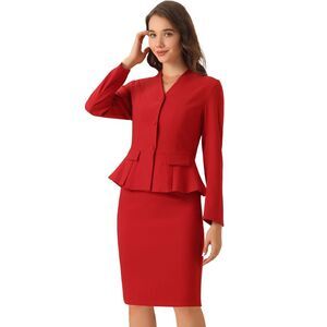 Business Suit Set 2Piece Collarless Peplum Blazer Pencil Skirt Red